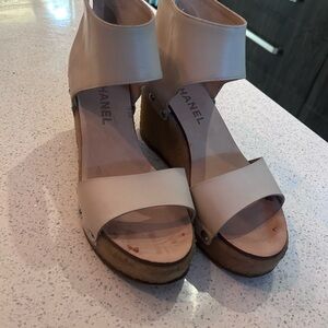 CHANEL Neutral Leather Wedge Sandals